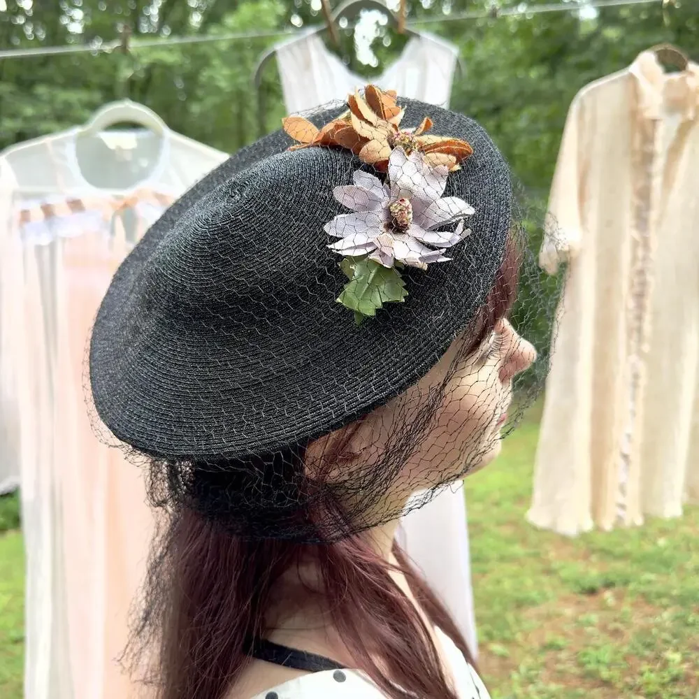 40s black straw cartwheel tilt hat w/ lavender & orange fabric daisies & veil